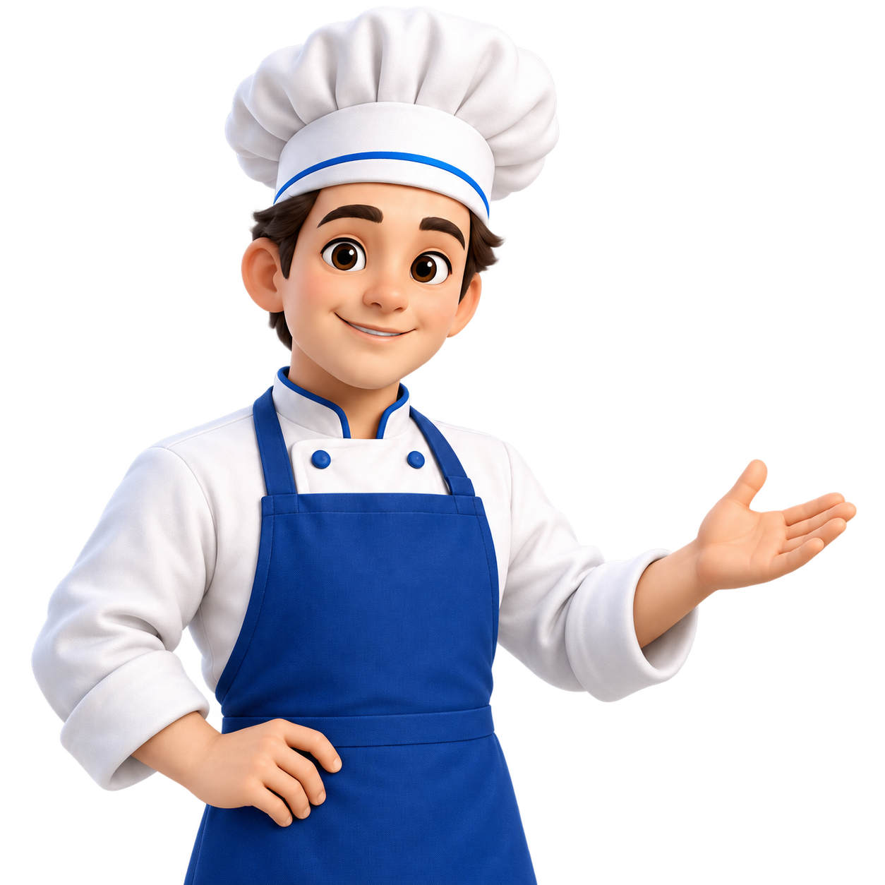 Kitchen Perfect’s smiling chef mascot in a white hat and blue apron, offering a welcoming hand.